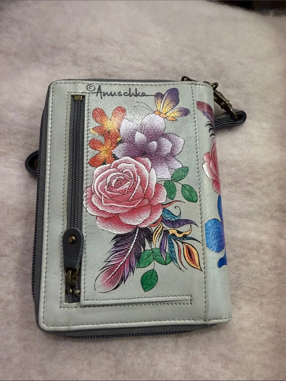 Anuschka Hand-Painted Lion Floral Wristlet in Blue, Pink, Orange, Green, Cream - Picture 3 of 7
